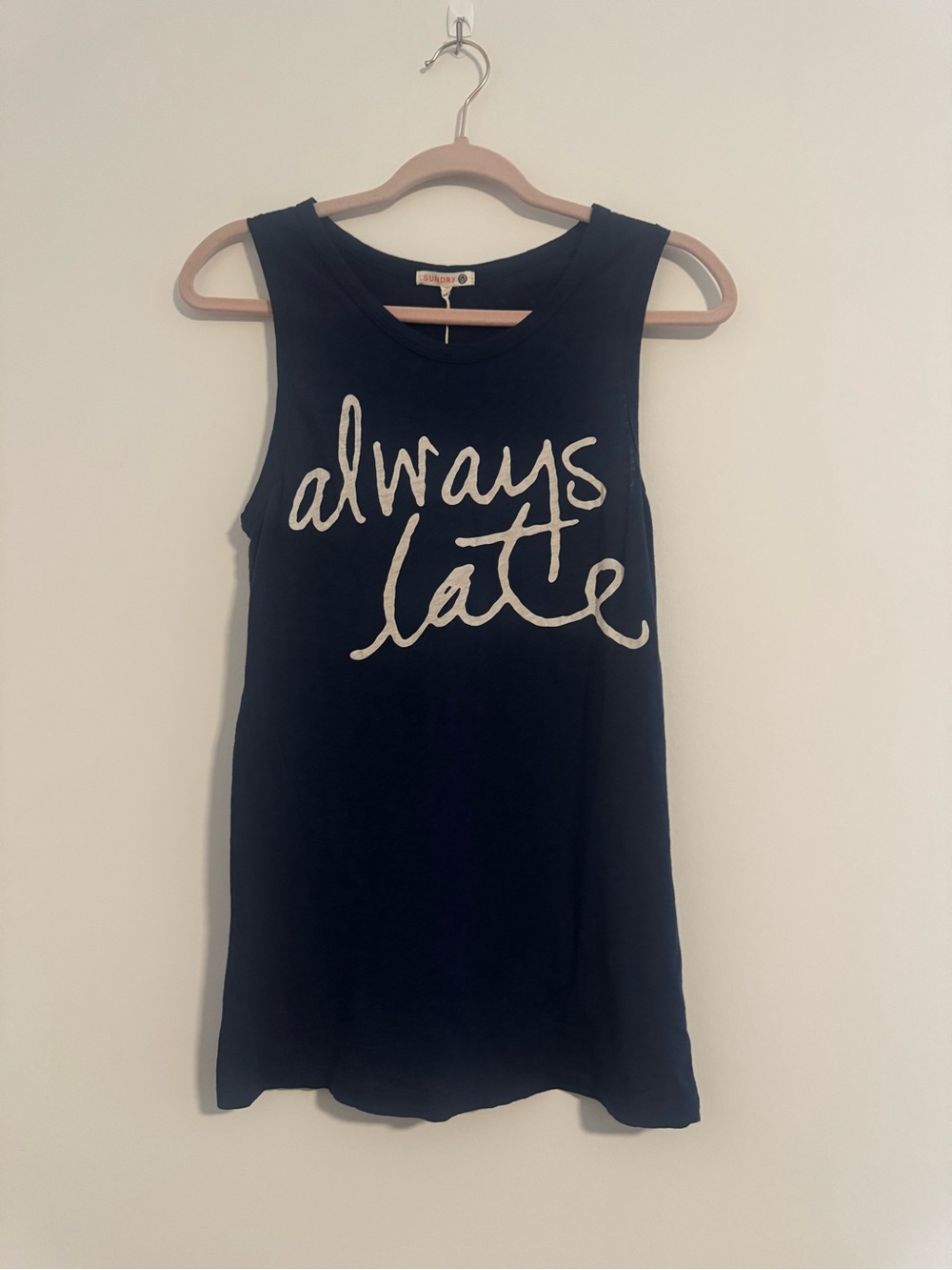 Sundry Navy Graphic Tank Top "Always Late”